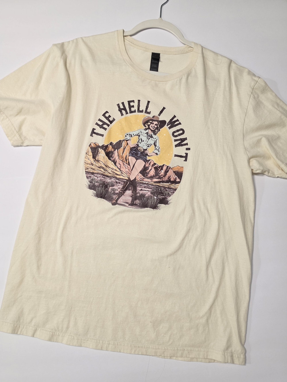 Gildan Cream Short Sleeve Tee with Desert Cowgirl Graphic